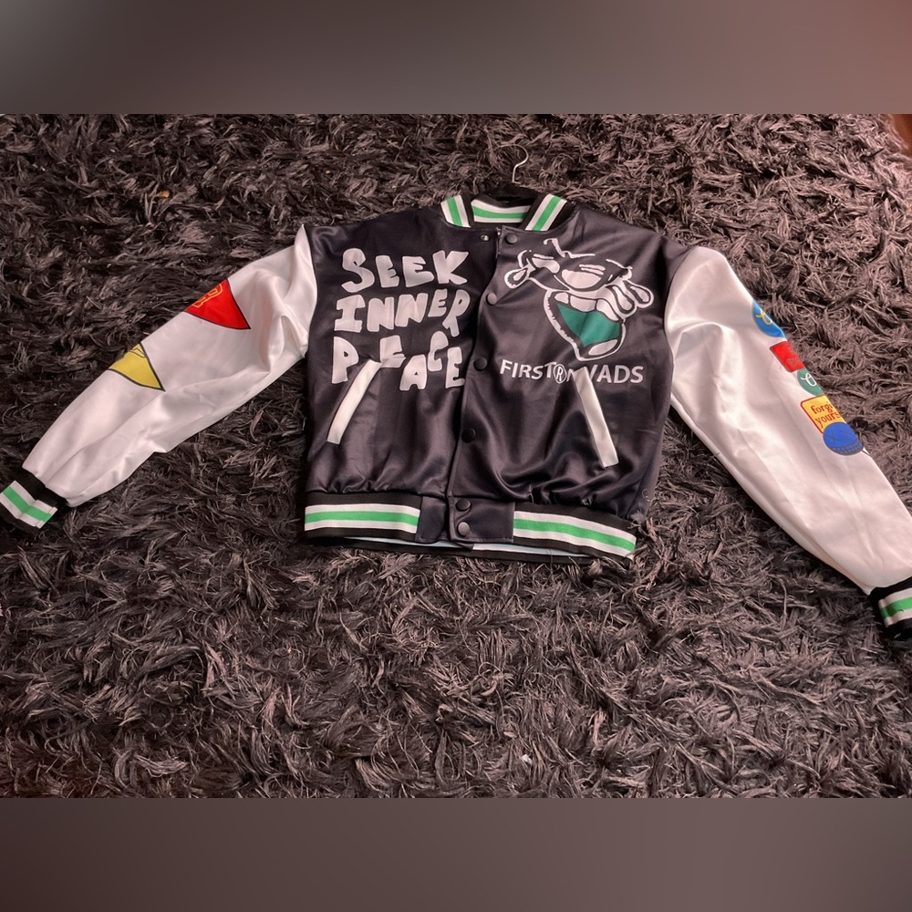 Black and White Varsity Jacket with Graphic Patches
